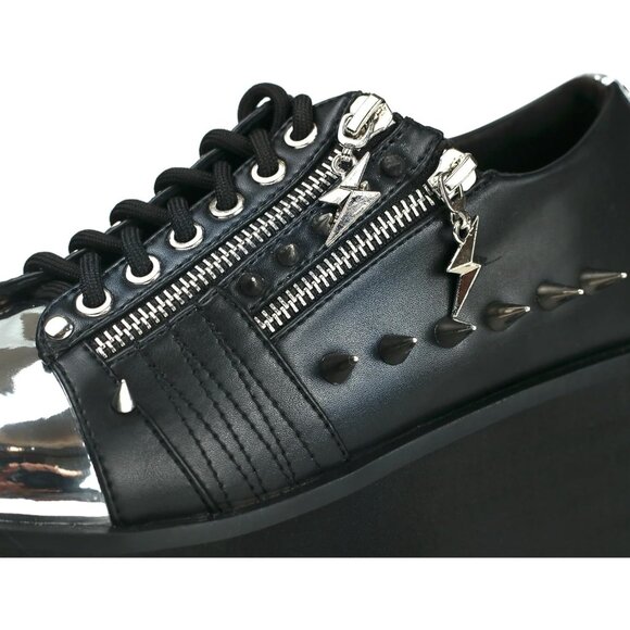 ⚡Women's Black Silver Studs Chrome Plated Toe Cap Platform Wedges Boots - Picture 5 of 8